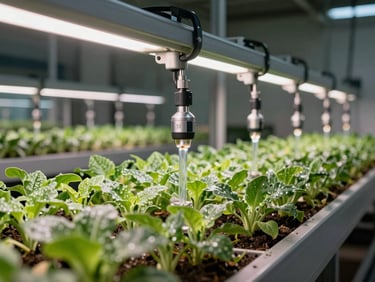 Detalle de un sistema de riego automatizado en un huerto inteligente de interior, luces LED de cultivo reflejadas en las hojas verdes y boquillas de precisión.