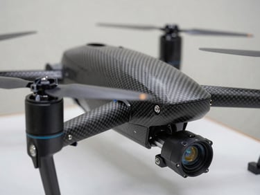 Close-up of industrial drone carbon-fiber rotors and precision spray nozzle, clean workshop lighting, technical details.