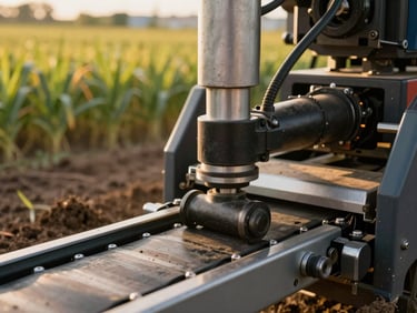 Close-up of a semi-automated mechanical harvester joint and conveyor belt, rich soil and crops in background, golden hour.