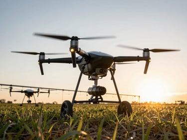 Vista en primer plano de los rotores de un dron fumigador agrícola sobrevolando un campo de cultivo al amanecer, luz solar intensa reflejada en las hélices de fibra de carbono.