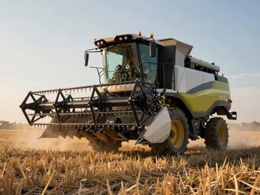 Dynamic low-angle shot of a heavy semi-automated harvester operating in a dusty golden hour field, high-contrast sunlight highlighting mechanical joints.
