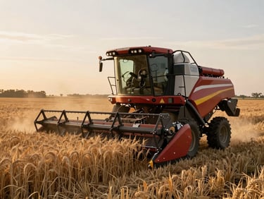 Plano contrapicado de una cosechadora semiautomatizada en pleno campo de trigo durante el atardecer, polvo dorado suspendido en el aire y engranajes mecánicos visibles.