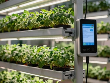 Automated indoor smart orchard rack with glowing LED grow lights, lush green herbs, and digital control screen on the side.