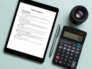Top-down flatlay of a modern desk with a tablet displaying a technical compliance document with green checkmarks, an engineering calculator, and a clean slate-colored pen on a light mint background.