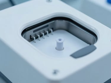 Macro close-up of a PCR thermal cycler in a sterile white laboratory, cool blue lighting, sharp focus, 35mm