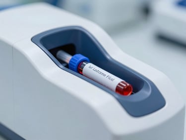 Macro close-up of an automated blood chemistry analyzer, sterile laboratory environment, sharp focus, 35mm