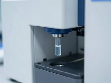 Macro close-up of a liquid chromatography mass spectrometer instrument, clean clinical laboratory, sharp focus, 35mm