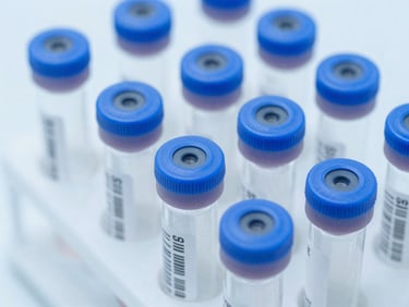 Macro close-up of sealed specimen vials with technical labels in a clean clinical laboratory under bright cool white light, sterile blue tones, sharp focus, 35mm