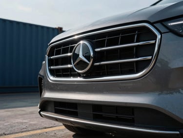 Low-angle heroic close-up of a premium automobile grille on a shipping dock, sharp directional sunlight on steel, 35mm
