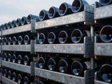 Extreme close-up of premium red wine bottles stacked in a dark, temperature-controlled maritime shipping container, cool steel tones, 35mm.