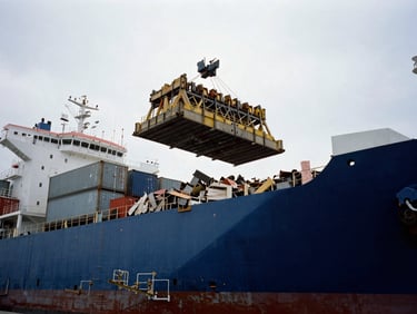 Low-angle view of raw industrial materials being loaded onto a container ship under cool overcast daylight, desaturated steel tones, 35mm.