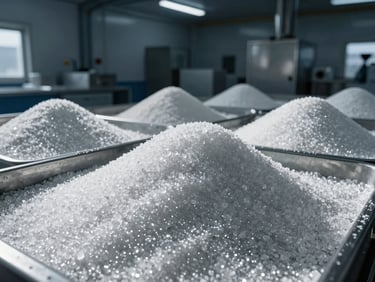 High-contrast close-up of raw sugar and food-grade raw materials inside a clean, modern logistics facility, sharp directional sunlight, 35mm.