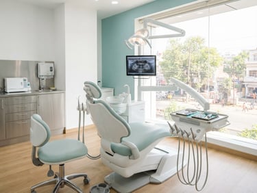 Bright clinical photography of a modern, pristine dental clinic interior in Gorakhpur, soft teal accents, natural window light, sharp focus.