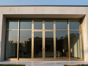 Low-angle architectural photograph of a minimalist private villa facade, massive floor-to-ceiling sliding glass doors, champagne gold aluminium frames, sharp clean shadows, daylight
