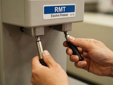 Hands of a technician calibrating an Electro Freeze 15/78 RMT dispenser, focused task lighting, sharp mechanical detail.