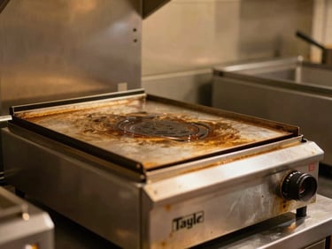 Clean industrial Taylor griddle in a fast-food kitchen, warm ambient light, professional environment.