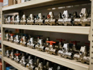 An organized shelf of genuine replacement parts for commercial kitchen machinery, including valves and gaskets, clean technical warehouse setting, warm lighting