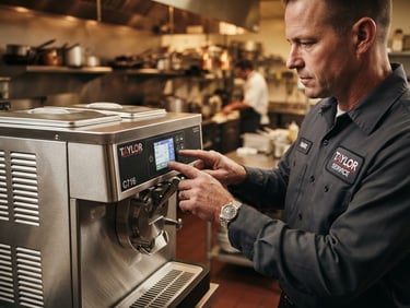Close-up of a certified technician in a clean uniform adjusting the digital control panel of a Taylor C716 ice cream machine, warm focused task lighting, professional kitchen background