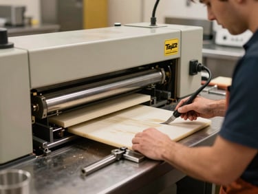 Técnico de manutenção trabalhando na calibração de chapas industriais Taylor em uma cozinha de fast-food organizada, foco nos detalhes de aço escovado e ferramentas profissionais.