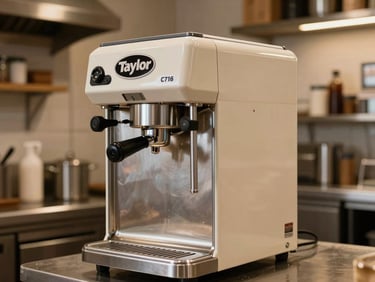 Medium shot of a clean Taylor C716 ice cream machine in a modern fast-food kitchen, warm lighting, 35mm lens.