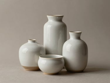 Centered eye-level photograph of modern home essentials, clean ceramic vessels on a solid neutral background.