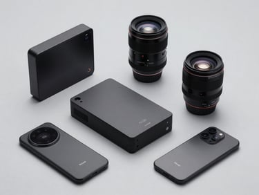 Minimalist flat-lay of sleek black electronic devices, isolated on a light gray studio background, high-key lighting.