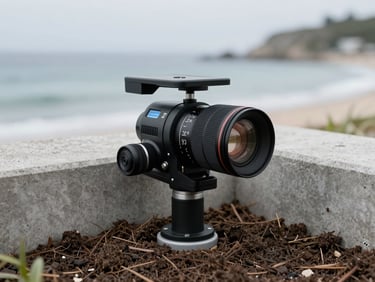 Close-up macro shot of a low-profile baiting station installed flush with the soil along a clean concrete coastal villa perimeter, sharp focus, technical detail.