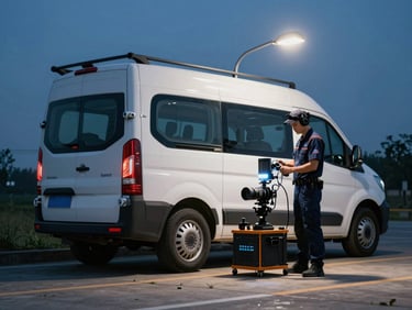 A clean service vehicle parked under a streetlamp at twilight, a technician in a branded uniform preparing professional detection gear, tactical and precise lighting.