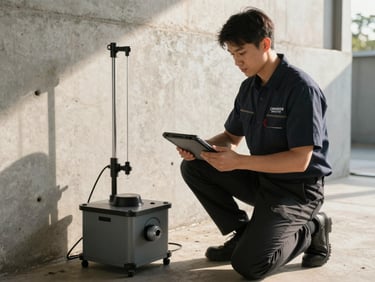 A technician in a branded uniform kneeling by a low-profile bait station near a concrete foundation wall, holding a diagnostic tablet, sharp morning light.