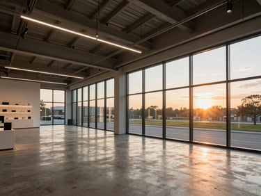 Wide-angle view of a modern commercial showroom with exposed steel beams, polished concrete floors, and floor-to-ceiling glass under dramatic sunset light.