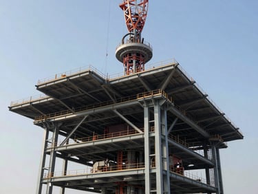 Heavy industrial nave under construction, massive steel framework against a clear sky, emphasizing structural integrity and scale.
