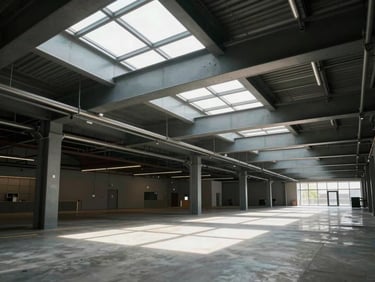 Interior of a modern commercial space, raw steel beams overhead, polished concrete floors, dramatic natural light filtering through geometric skylights.