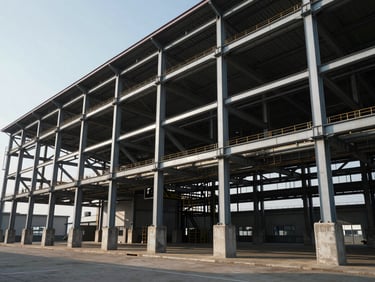 Heroic wide-angle perspective of a massive industrial warehouse, structural steel framework, concrete foundations, high-contrast morning light.