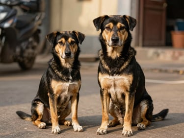 An eye-level shot of a healthy black-and-tan community dog sitting proudly next to a volunteer, bright Bangalore daylight.