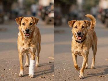 Before-and-after split of an Indian street dog, first showing a minor leg scratch being bandaged, then showing the same dog running happily, golden hour.