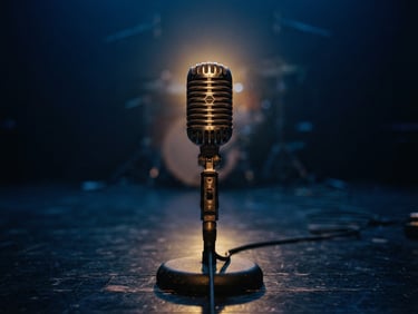 Moody close-up of a vintage microphone on a dark stage, warm golden spotlight from behind, deep blue atmosphere, cinematic 35mm film grain.