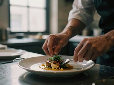 Moody close-up of chef hands plating a rustic dish in a dimly lit restaurant kitchen, soft window light, 35mm film