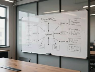 Environmental wide shot of an industrial-style conference room, whiteboard filled with handwritten strategy diagrams and numbered decision trees, neutral daylight through frosted glass, no people, architectural precision