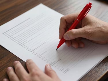 Close-up of hands annotating a printed document with a red pen on a dark wood desk, studio strobe lighting, crisp shadows, documents partially visible with dense tabular data, no faces