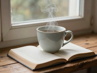 Une tasse en céramique fumante posée à côté d'un livre ouvert sur un rebord de fenêtre en bois