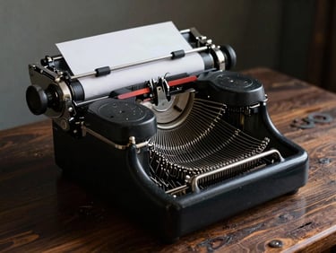 Une machine à écrire mécanique noire sur un bureau en bois sombre, éclairée de côté