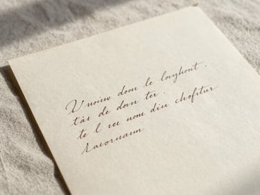 Landscape orientation. Close-up of a handwritten letter in French, elegant ink cursive on aged heavy paper, resting on a neutral linen tablecloth under soft morning shadows.