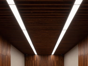 Symmetrical, straight-on architectural shot of a high-end corporate boardroom ceiling featuring dark wood acoustic slats, dramatic linear lighting casting deep shadows, absolute technical precision, no people.