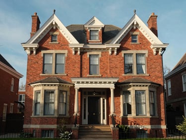 Straight-on architectural elevation of a red brick Victorian villa, clean mortar joints, natural morning sun.