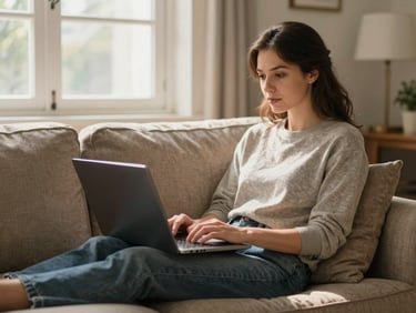A woman sitting on a cozy living room sofa at home, looking thoughtfully at her laptop screen, soft afternoon daylight filtering through a window.