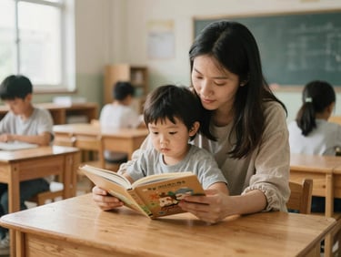 A teacher and toddler reading a book together in a sunlit classroom, warm ambient light, natural wooden furniture, medium format photography.