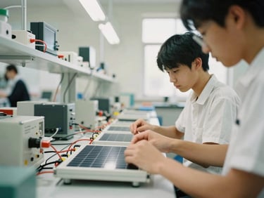 Hands-on learning in a clean energy lab, student adjusting a solar circuit panel under soft overhead light, realistic non-staged setting.