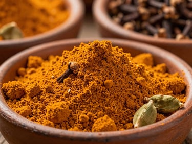 Close-up macro shot of vibrant orange turmeric powder, dark brown cloves, and green cardamom pods arranged in small clay bowls under warm, soft light.