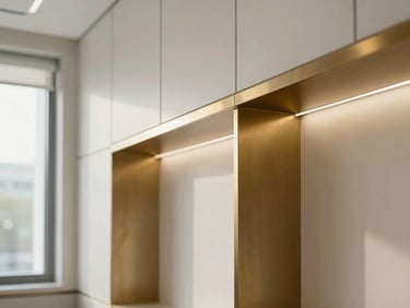 Architectural close-up of a high-end medical consultation room, clean lines, warm brass accents, soft natural light.