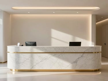 Minimalist architectural shot of a high-end medical clinic reception, marble counter, warm soft daylight, clean lines, brass accents
